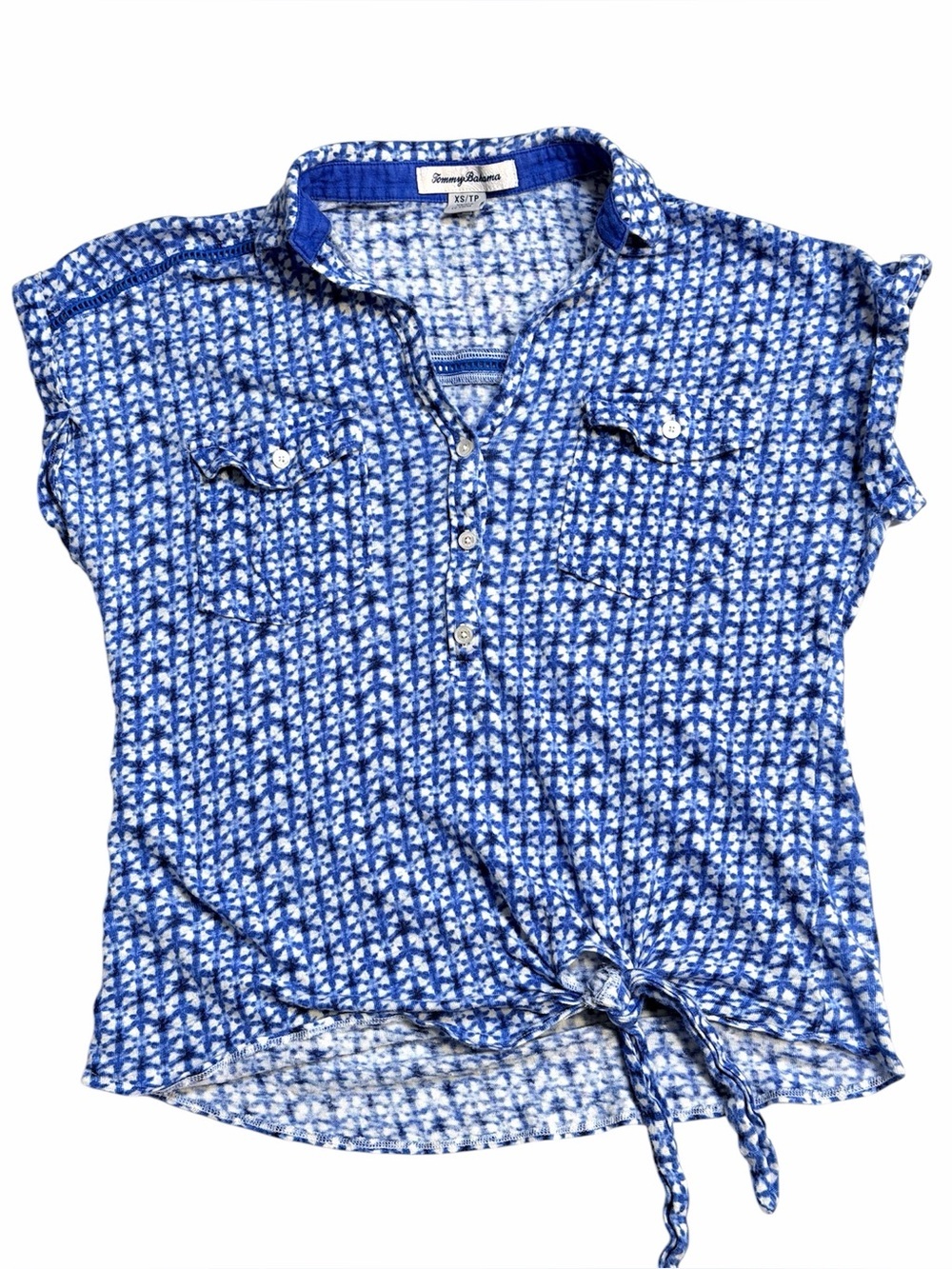 Tommy Bahama 100% Linen buttondown shirt with side tie, blue and white size XS